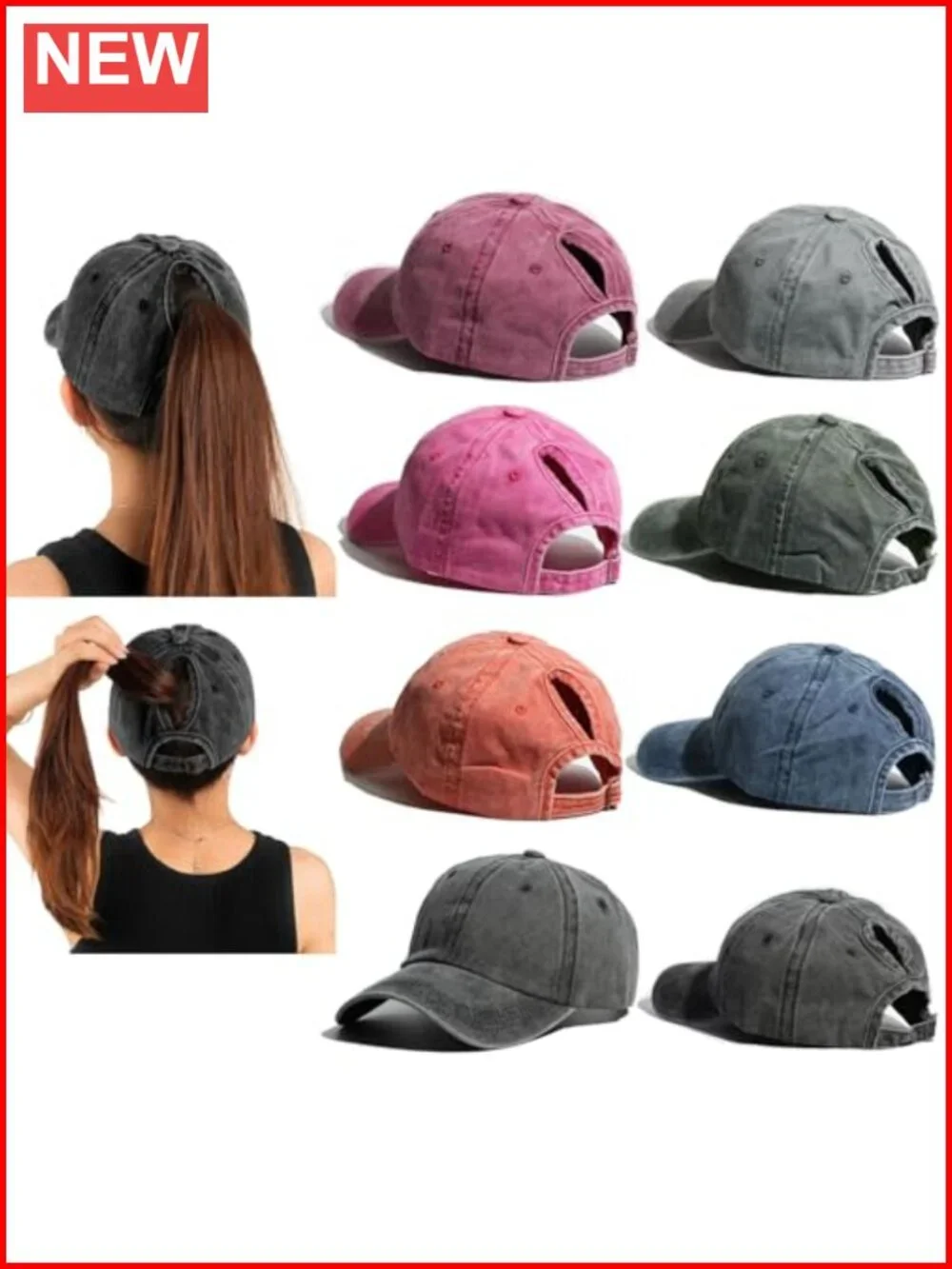 2 Pack Vintage Washed Baseball Caps Women's Ponytail Messy Bun Trucker Hat
